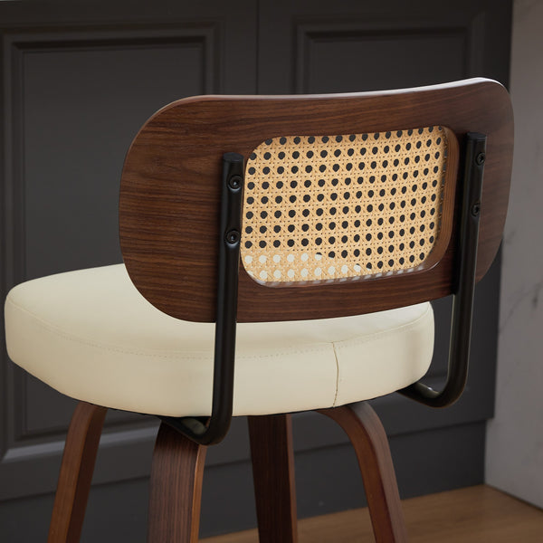 English Elm Set of 3 Rattan Counter Stools with Cane Back and Swivel, Upholstered PU Seat, Walnut Finish, Ergonomic Comfort Beige W1143P300158