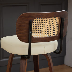 English Elm Set of 3 Swivel Counter Stools with Cane Back and Upholstered PU Seat, Walnut Wood, Ergonomic Comfort Beige W1143P300158