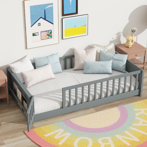 English Elm Twin Size Floor Bed With Book Rack & Playful Door - Cozy, Safe Design For Kids' Rooms In Grey W504P345768-GIGA
