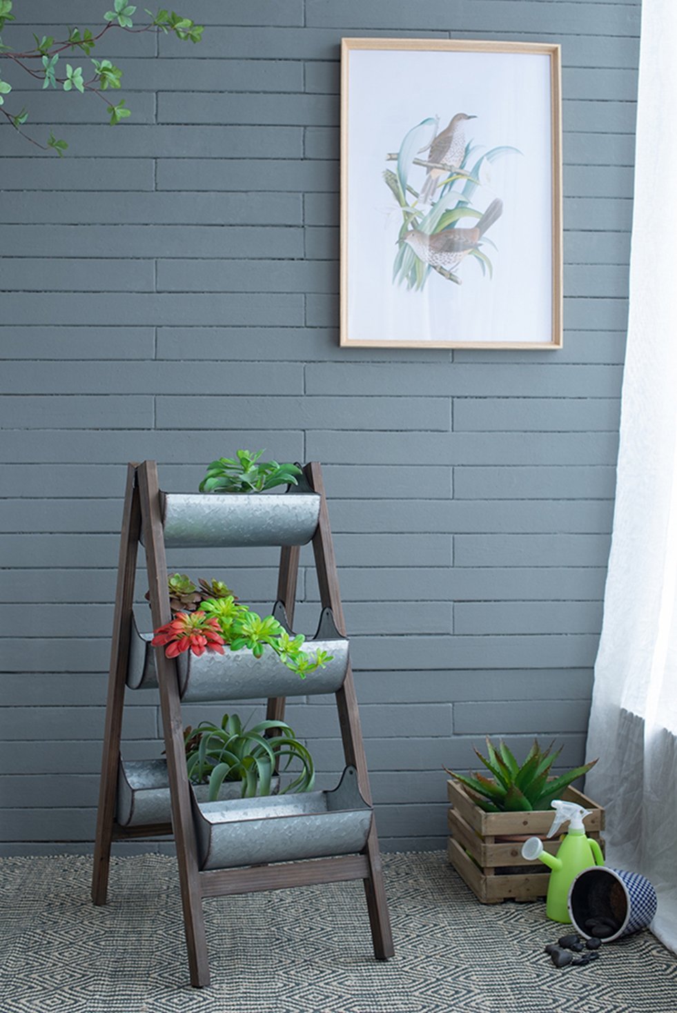 English Elm Farmhouse Foldable Ladder Planter with 5 Galvanized Buckets, Rustic Distressed Wood Vertical Garden Decor W2078P322239