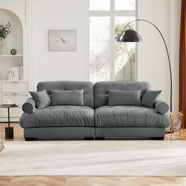 English Elm Large Velvet Two-Seater Sofa with Bolstered Armrests, Deep Cloud Seat, Waist & Throw Pillows, Chic Grey W714S01122