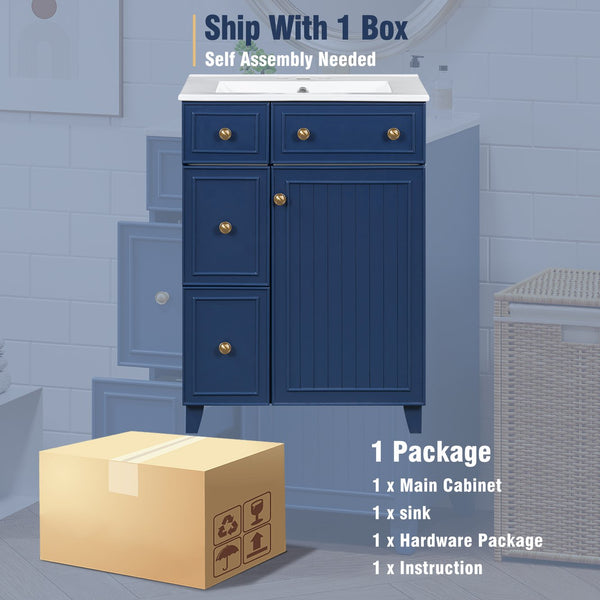 English Elm 24-Inch Bathroom Vanity Cabinet with Ceramic Sink, Space-Saving Storage, Solid Wood Feet, Durable Finish Blue WF532034AAC