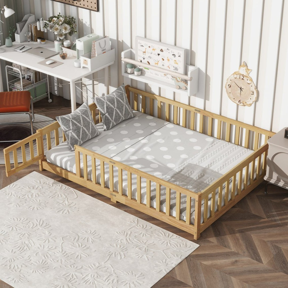 English Elm Full Size Rubber Wood Floor Bed with Surrounding Fence Door and Safety Guardrails W504P370522