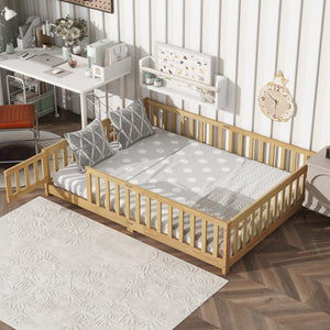 English Elm Full Size Rubber Wood Floor Bed with Surrounding Fence Door and Safety Guardrails W504P370522