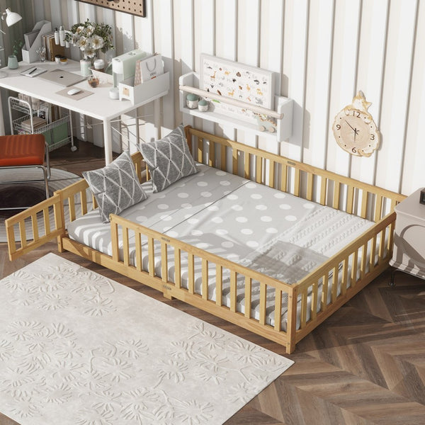 English Elm Full Size Rubber Wood Floor Bed with Surrounding Fence Door and Safety Guardrails W504P370522