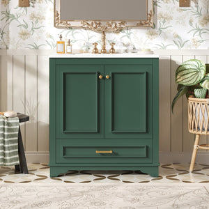 English Elm 30" Elegant Bathroom Vanity with Ceramic Sink, French-Inspired Compact Cabinet with Drawer & Shelf Green N710P317676F