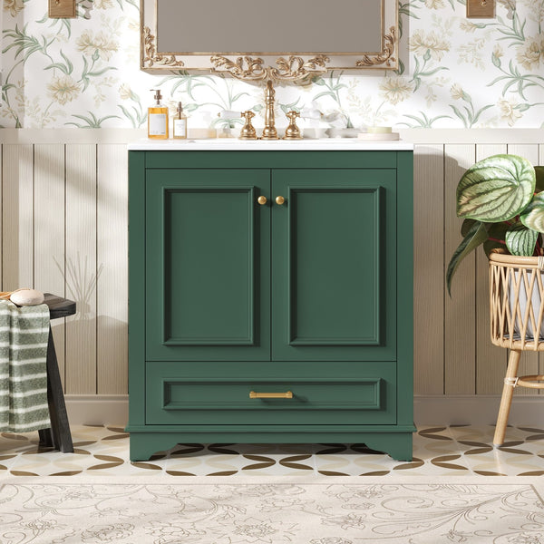 English Elm 30" Elegant Bathroom Vanity with Ceramic Sink, French-Inspired Compact Cabinet with Drawer & Shelf Green N710P317676F