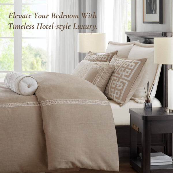 English Elm 8-piece Queen Bedding Set Slub Fabric Embroidery Velvet Accents Boutique Hotel Style Taupe B035P482953