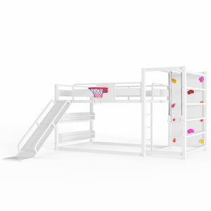 English Elm Twin Metal Loft Bed with Slide Basketball Hoop Climbing Wall and Built-in Shelves W1580S00634