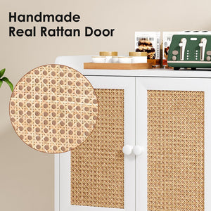 English Elm Sideboard Rattan Door Buffet Cabinet with Baffle Edge, Spacious Storage Credenza for Dining Hallway White T3623P381054