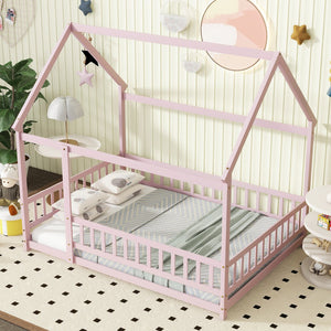 English Elm Full Size House Floor Bed With Roof Frame & Guardrails - Cozy Pink Wooden Design For Kids W504P286410