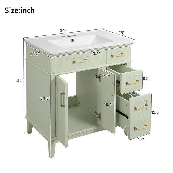 English Elm 30" Bathroom Vanity with Ceramic Sink and Deep Storage, Soft-Close Doors, Gold Handles, Durable Wood Frame Green N729P276610F