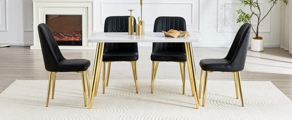 English Elm Table and Chair Set Marble Glass Top Gold Legs with Four Pu Leather Dining Seats W1151S04634