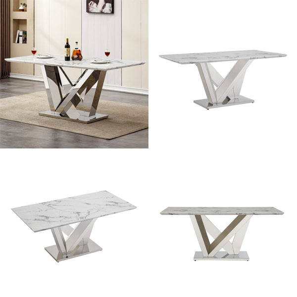 English Elm Marble Dining Table For 6 - Modern 70'' Rectangle Faux Marble Top With Mirrored Stainless Steel Base W3456S00042