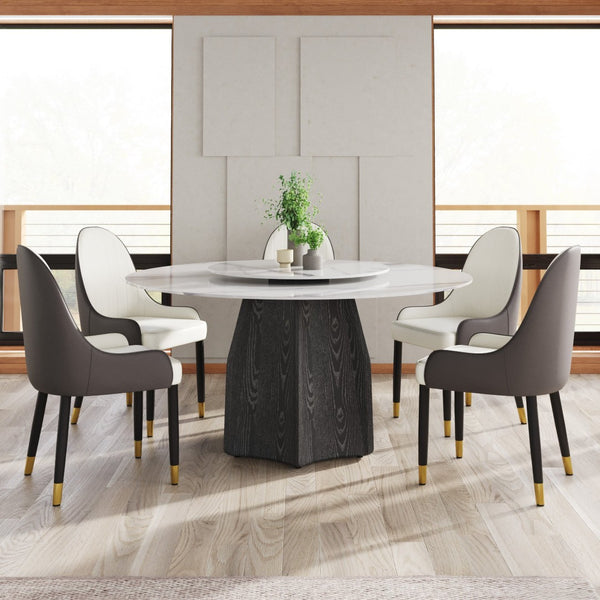 English Elm 59.05" Round Sintered Stone Dining Table Seats 8 with Oak Base and Lazy Susan W1535S00616