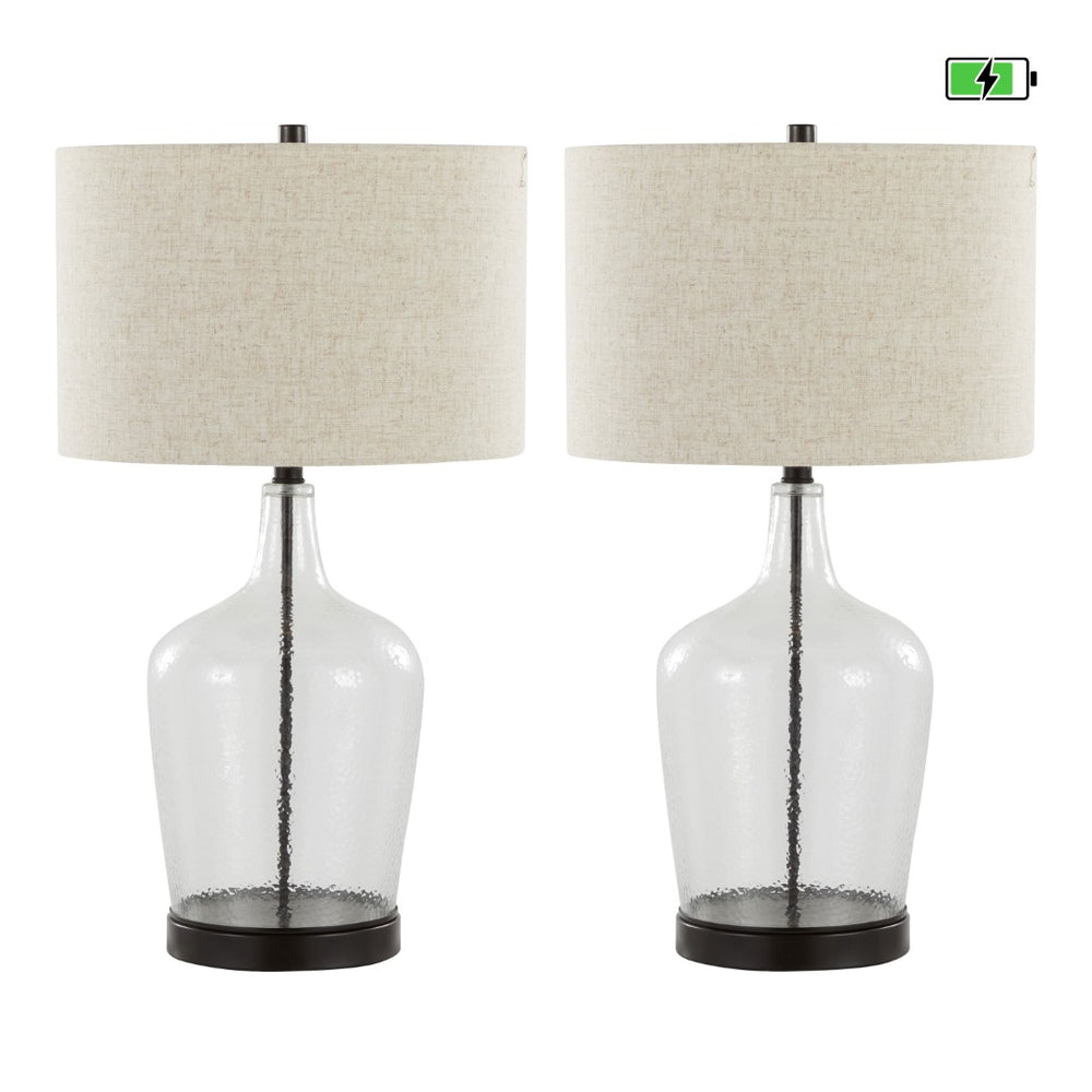 English Elm Botella Dimpled Glass Table Lamp Set with Linen Shade and Usb Port for Bedrooms B202P224039