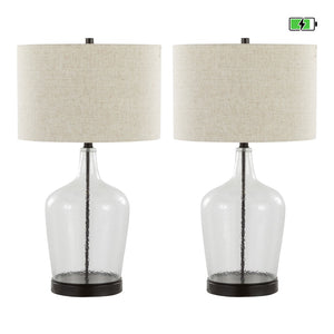 English Elm Botella Dimpled Glass Table Lamp Set with Linen Shade and Usb Port for Bedrooms B202P224039
