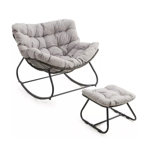 English Elm Dark Wicker Egg Rocking Chair with Ottoman Outdoor Pe Woven Patio Lounge Set Light Gray B082P455171