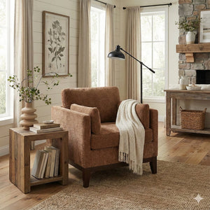 English Elm Chalco Mid-century Accent Chair Walnut Legs Polyester Upholstery Deep Foam Cushions Brown B050P429148