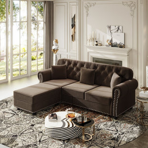 English Elm Upholstered Velvet Chesterfield Sofa Set with Button Tufting Nailhead Trim and Ottoman Brown W1885S00389
