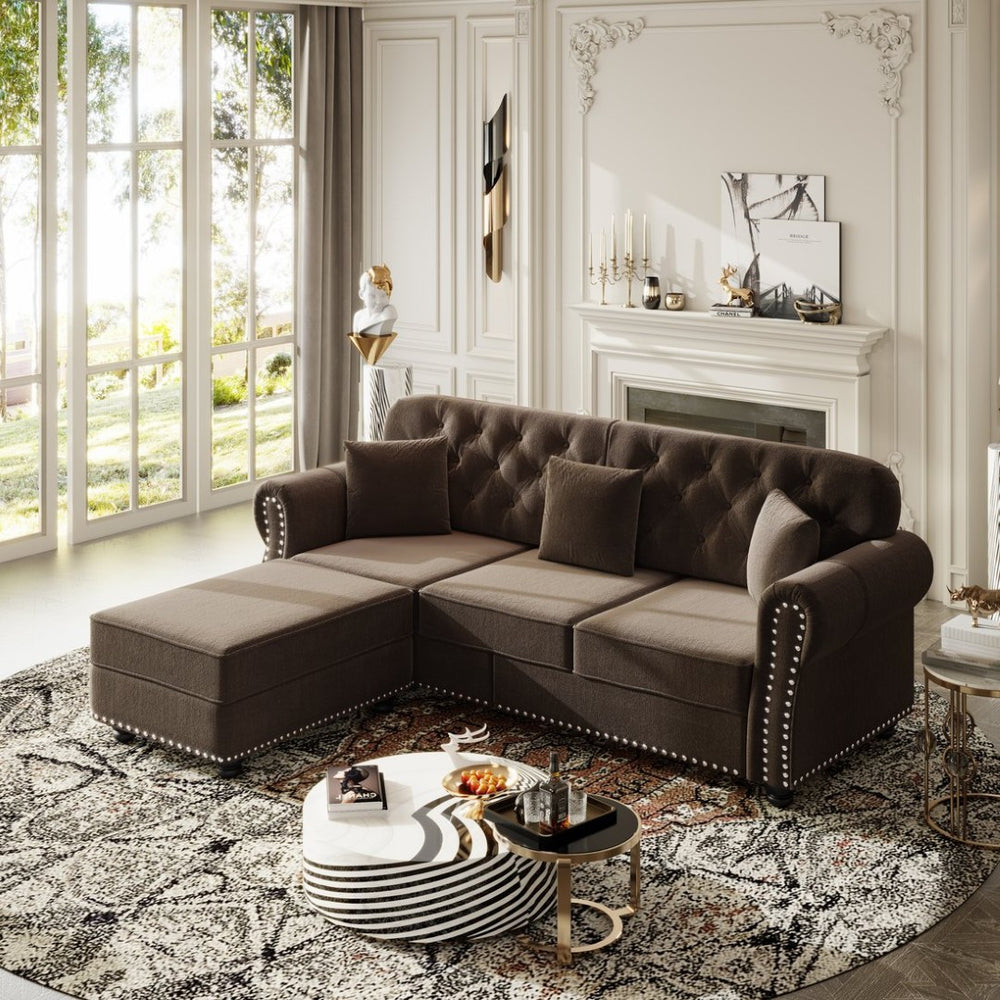 English Elm 82.6"upholstered Velvet Chesterfield Sofa with Button Tufting Nailhead Trim Rolled Arms Brown W1885S00371