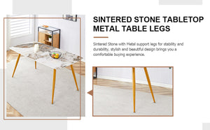 English Elm Table & Chair Set - Modern Minimalist Design With White Marble Top & Golden Legs, Seats 6 Comfortably W1151S01668-GIGA