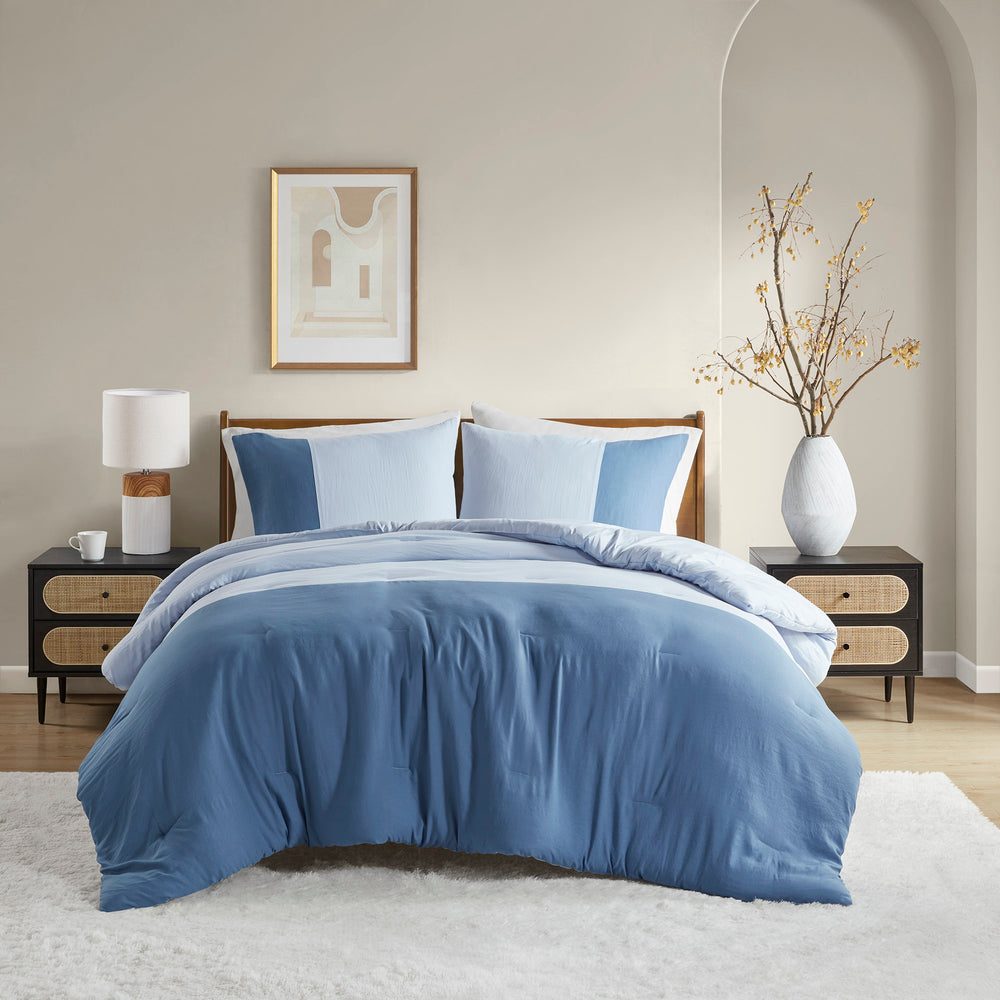 JLA Home Comfort Spaces - Soft Washed Color Block Comforter Set with Silky Pre-Washed Feel, Oeko-Tex Certified Midweight Warmth Blue AM10-0178