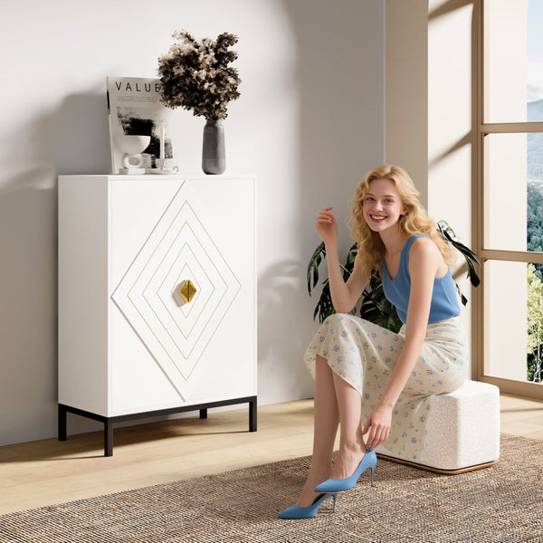 English Elm Wooden Entryway Shoe Cabinet with Diamond Flip Doors Gold Pulls and Metal Legs T5618P448345