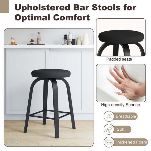 English Elm Swivel Backless Counter Stools Set of 2 with Fabric Seat Bentwood Legs Mid-century Modern Black W3107P446841