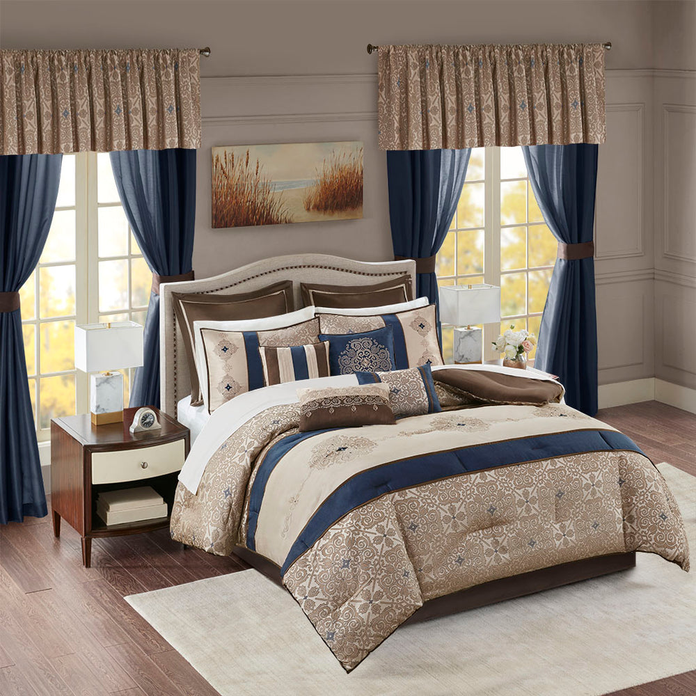 JLA Home Madison Park Essentials - 24 Luxe Room-In-A-Bag 24-Piece Navy & Natural Bedding Set with Jacquard Medallion, Sheets, Curtains MPE10-814