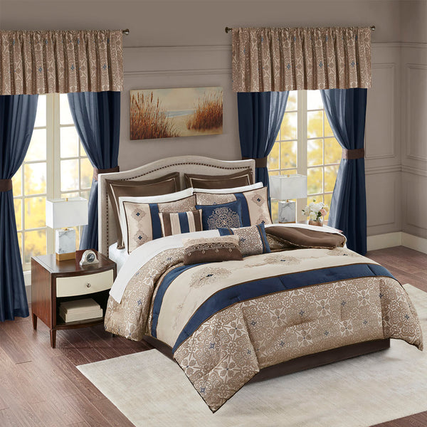 JLA Home Madison Park Essentials - 24 Luxe Room-In-A-Bag 24-Piece Navy & Natural Bedding Set with Jacquard Medallion, Sheets, Curtains MPE10-814