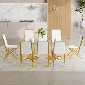 English Elm Table and 8 Chair Dining Set Tempered Glass Top with Gold Metal Framed Pu Seating Transparent,White+Gold W1151S04775