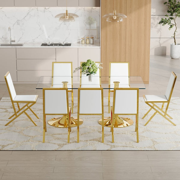 English Elm Table and 8 Chair Dining Set Tempered Glass Top with Gold Metal Framed Pu Seating Transparent,White+Gold W1151S04775