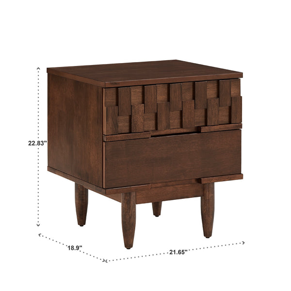 Chasin Two Drawer Wood Nightstand with Geometric Ridged Artisan Detail