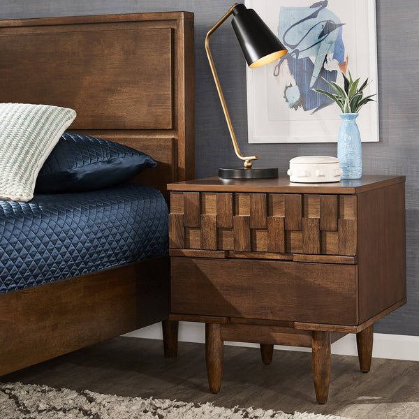 Chasin Two Drawer Wood Nightstand with Geometric Ridged Artisan Detail