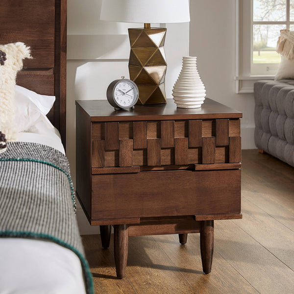 Chasin Two Drawer Wood Nightstand with Geometric Ridged Artisan Detail