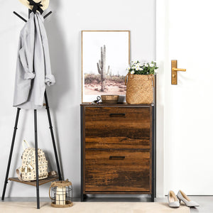 English Elm HOMCOM Narrow Industrial Shoe Cabinet with 2 Flip Drawers for 12 Pairs, Rustic Brown Slim Entryway Storage W2225P173975