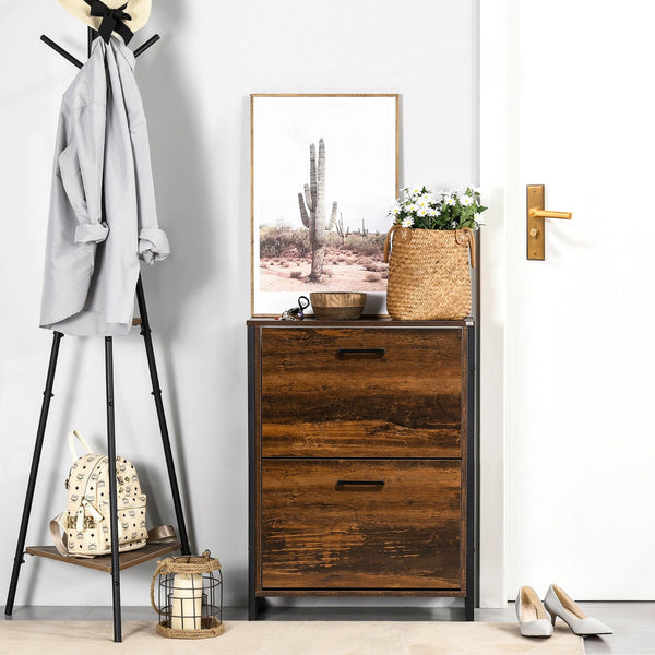 English Elm HOMCOM Narrow Industrial Shoe Cabinet with 2 Flip Drawers for 12 Pairs, Rustic Brown Slim Entryway Storage W2225P173975