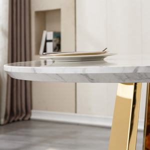 English Elm 47" Round Marble Dining Table - Modern High Gloss Faux Marble Top & Stainless Steel Base For Stylish Spaces W3456S00010