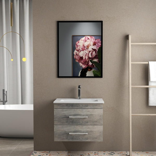 English Elm 24-Inch Modern Wall-Mounted Bathroom Vanity With Double Drawers, Soft-Close Sink & Mirror Set W3151S00007