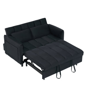English Elm 52 Black Modern Velvet Sofa Bed 3-in-1 Convertible Loveseat with Pillows, Pockets, Metal Legs, 500lb Capacity W1658P266335