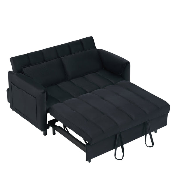 English Elm 52 Black Modern Velvet Sofa Bed 3-in-1 Convertible Loveseat with Pillows, Pockets, Metal Legs, 500lb Capacity W1658P266335