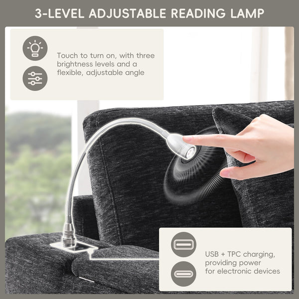 English Elm 117*90'' Modular Sectional Sofa Bed with Flip-Up Table, Reading Lamps, Charging Ports, Ottoman Storage, Tufted Chenille Elegance Black N723S9798B