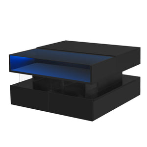 English Elm VIBE Lift-Top Coffee Table with Glass Top, Hidden Storage & LED Ambience, Modern High-Gloss Centerpiece Black N724P290043B