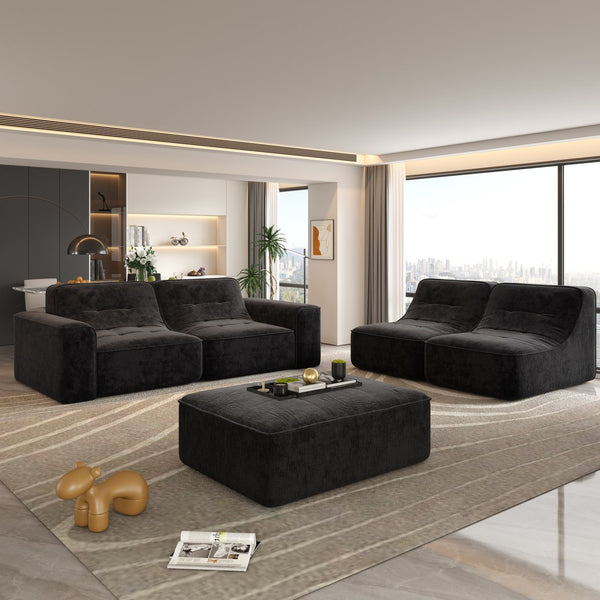 English Elm 143.7" Modern Modular Sectional Sofa Set with Removable Ottoman, Tufted Sparkling Chenille, Deep Seat Comfort Black W3219S00004