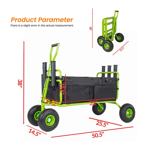 English Elm Fishing Beach Cart Collapsible Heavy Duty Wagon with All Terrain Wheels Rod Holders Green W2932P417637