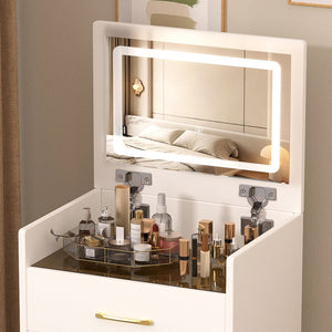 English Elm 3 3 in 1 Vanity Desk with Glass Top, Flip-Top Jewelry Organizer, Hidden Storage & Plush Bench W509P238992