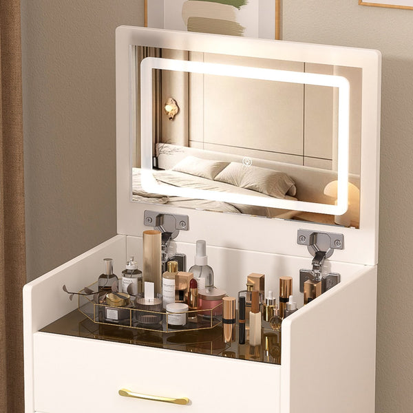 English Elm 3 3 in 1 Vanity Desk with Glass Top, Flip-Top Jewelry Organizer, Hidden Storage & Plush Bench W509P238992