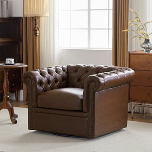 English Elm Christopher Knight Home® - Chesterfield Swivel Club Chair with Deep Button Tufting, Nailhead Trim, 360° Metal Swivel Comfort Dark Brown 39.25 L x 33.85 W x 27.85 H N776P195601D