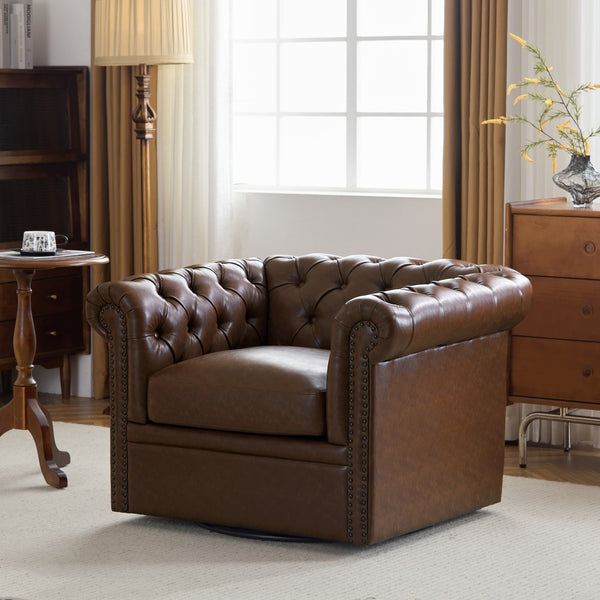 English Elm Christopher Knight Home® - Chesterfield Swivel Club Chair with Deep Button Tufting, Nailhead Trim, 360° Metal Swivel Comfort Dark Brown 39.25 L x 33.85 W x 27.85 H N776P195601D